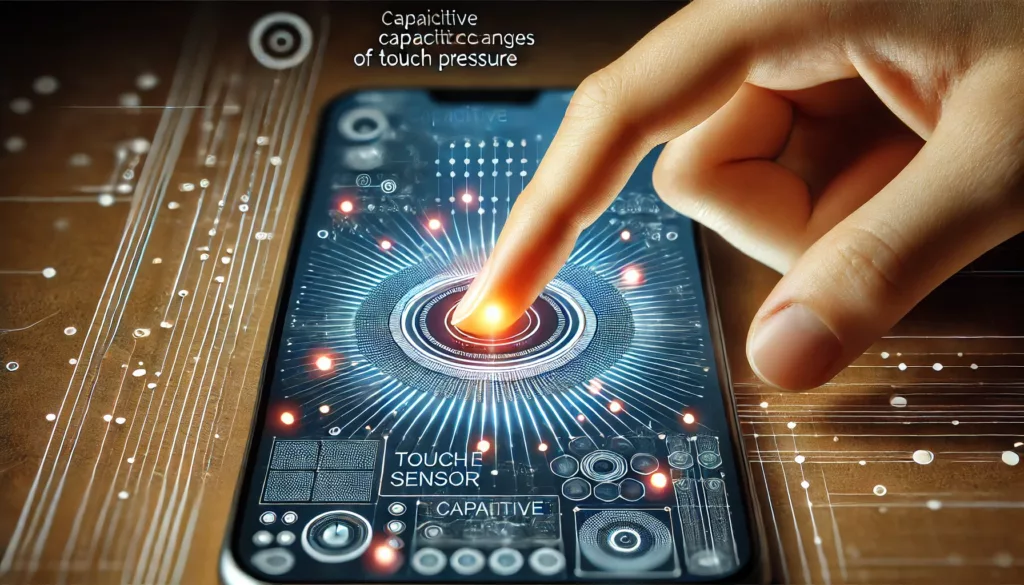 A close-up of a finger pressing a smartphone screen, visualizing touch capacitance changes.