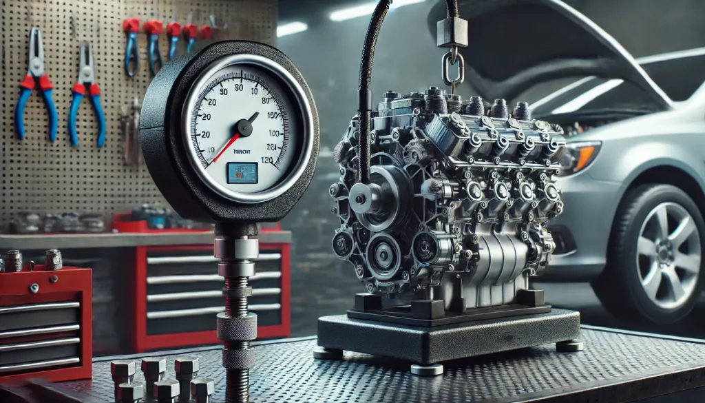 A dynamometer testing the force output of a car engine in an automotive workshop.