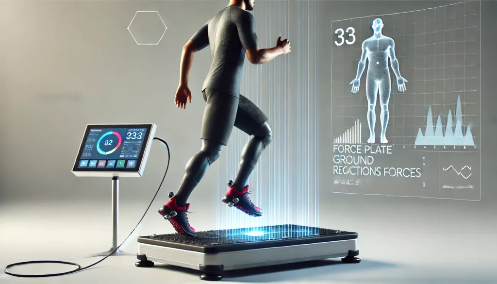 An athlete standing or jumping on a force plate to measure ground reaction forces, with the data displayed on a screen.