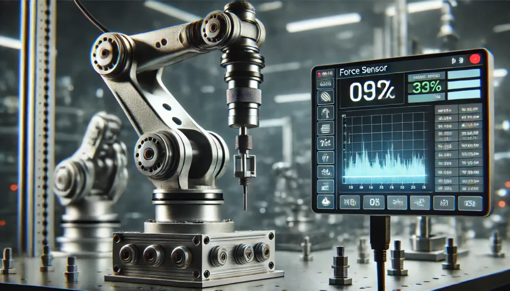 A force sensor in a high-tech industrial setting, measuring the push or pull force of a robotic arm.