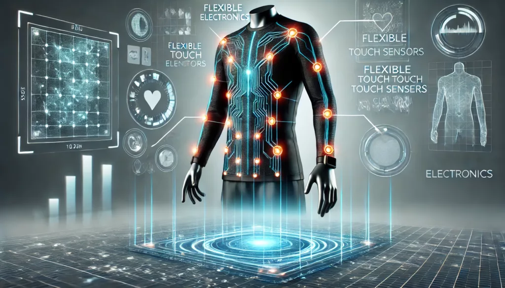 Concept art of wearable electronics with flexible touch sensors integrated into clothing.