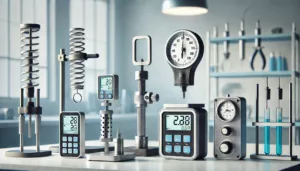 Displays a collection of force-measuring instruments, including a spring scale, digital force gauge, load cell, and dynamometer on a professional workspace.