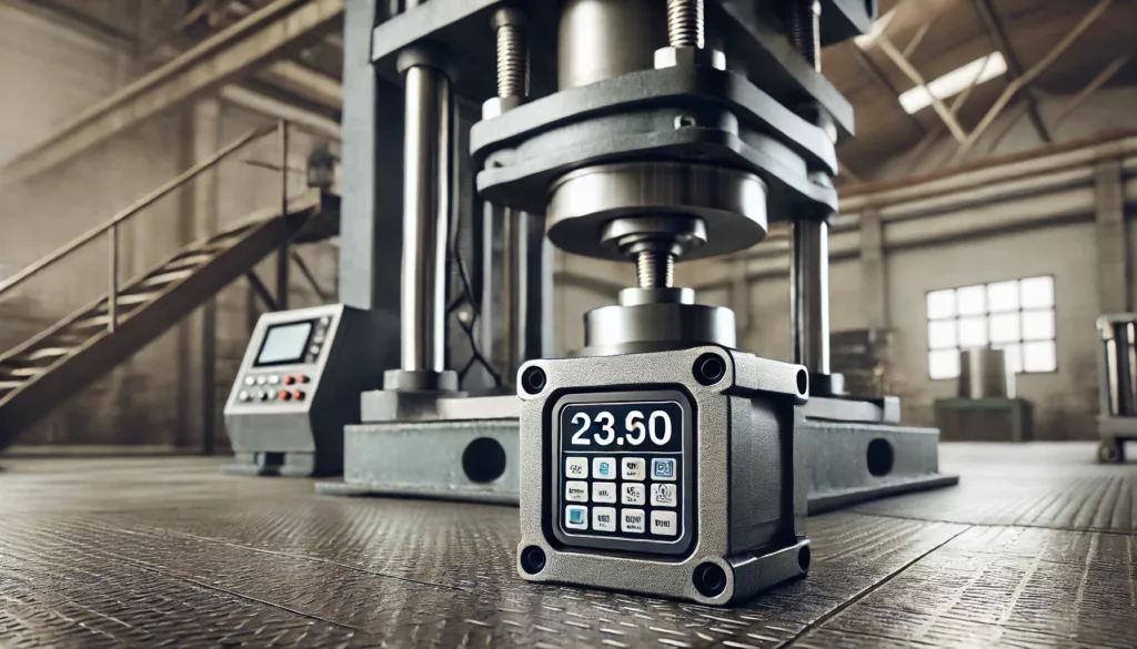 A load cell measuring compression force in an industrial setup, showcasing its application under a pressing machine.