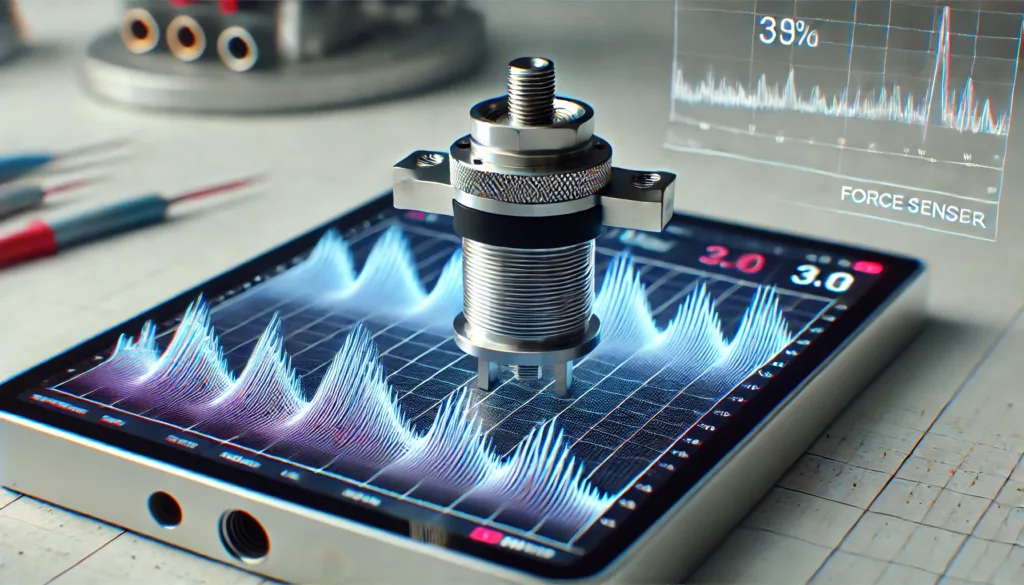 A piezoelectric force sensor measuring dynamic forces such as vibrations, with a visible waveform or graph on the screen.