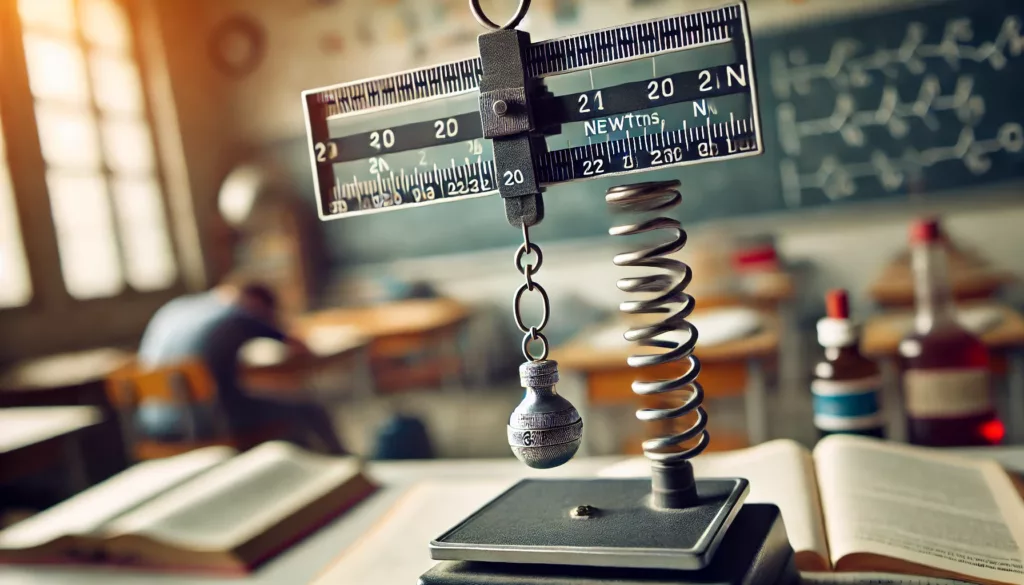 A spring scale in action, measuring the force exerted on a weight in a classroom or basic setup.