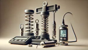 A close-up view of various force measurement tools, including a spring scale, load cell, and digital force sensor.